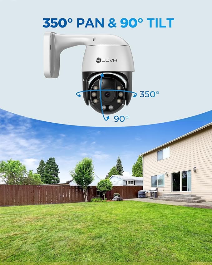 4COVR PoE PTZ Security Camera System, 8X 5MP PoE IP Camera, 8CH 4K NVR & 2TB HDD, 350ｰ Pan 90ｰ Tilt 3X Digital Zoom, Smart Color Night Vision, Two Way Audio, AI Human Vehicle Detection, LYM2XP5M0808
