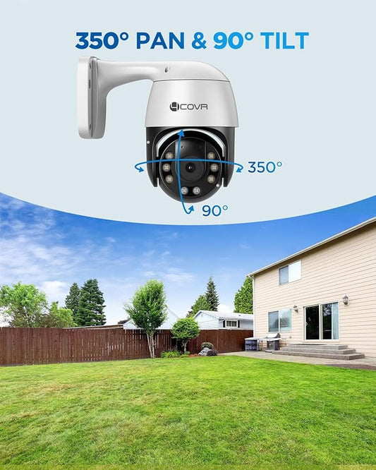 4COVR PoE PTZ Security Camera System, 8X 5MP PoE IP Camera, 8CH 4K NVR & 2TB HDD, 350ｰ Pan 90ｰ Tilt 3X Digital Zoom, Smart Color Night Vision, Two Way Audio, AI Human Vehicle Detection, LYM2XP5M0808