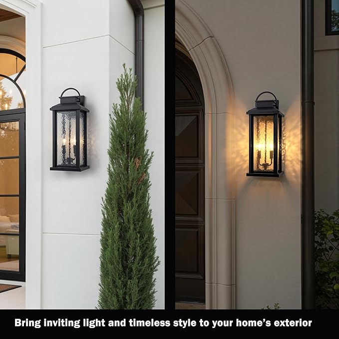 20 Inch Large Outdoor Light Fixture, 2-Light Porch Lights Outdoor Wall Lights with Water Glass, Matte Black Waterproof Exterior Lighting Fixtures Outside Lights for House