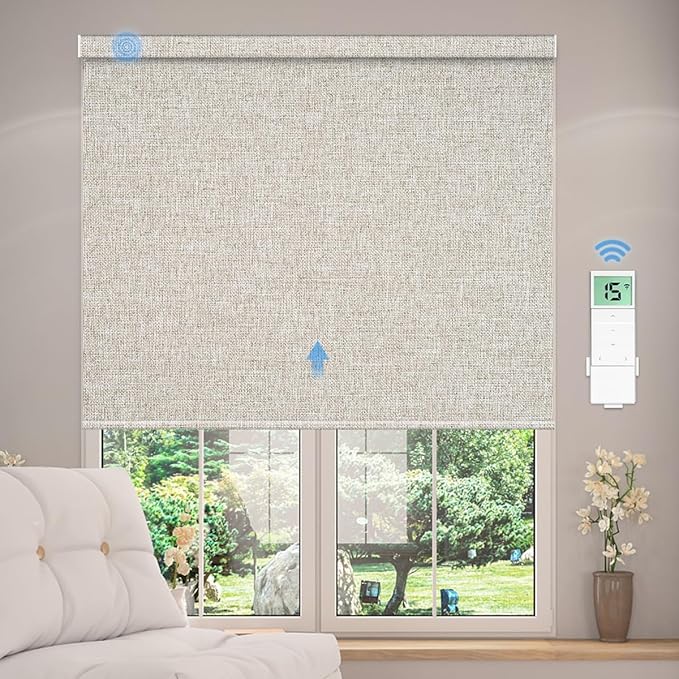 Tokblind Motorized Blackout Roller Shade Fabric Covered Valance and Bottom Rod, Remote Control Electric Window Blind Compatible with Alexa Google via Hub, Custom Size (Beige - Wrapped Fabric)
