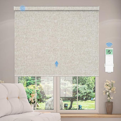 Tokblind Motorized Blackout Roller Shade Fabric Covered Valance and Bottom Rod, Remote Control Electric Window Blind Compatible with Alexa Google via Hub, Custom Size (Beige - Wrapped Fabric)