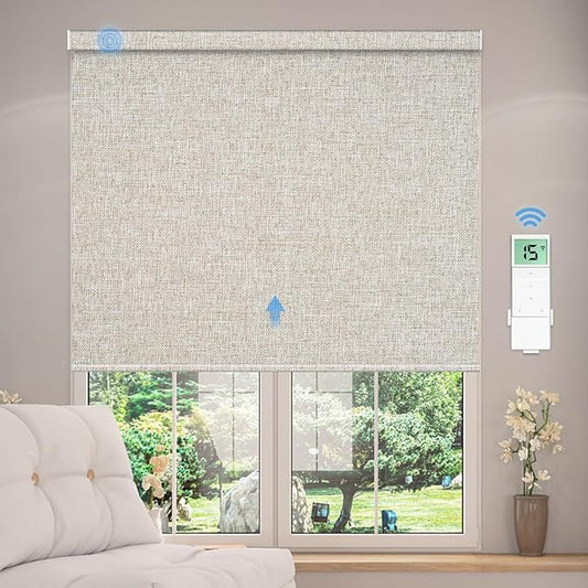 Tokblind Motorized Blackout Roller Shade Fabric Covered Valance and Bottom Rod, Remote Control Electric Window Blind Compatible with Alexa Google via Hub, Custom Size (Beige - Wrapped Fabric)