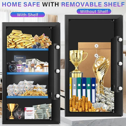 27.56 Inches Tall Safe Box, Home Safe with Fireproof Waterproof Bag, Anti-Theft Digital Security Lock Box with Smart Alert System, Removable Shelf, Mute Function, Document Safes for Jewelry