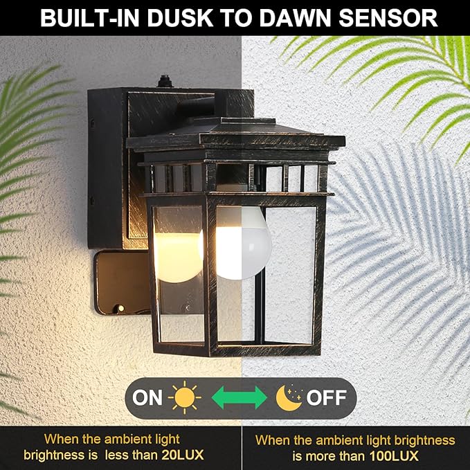Outdoor Wall Lantern with GFCI Outlet, Dusk to Dawn Outdoor Lighting with Clear Glass Shade, Waterproof Outside Porch Lights for House Garage Front Door, Bulb Included (Black with Brushed Gold)