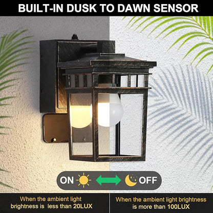 Outdoor Wall Lantern with GFCI Outlet, Dusk to Dawn Outdoor Lighting with Clear Glass Shade, Waterproof Outside Porch Lights for House Garage Front Door, Bulb Included (Black with Brushed Gold)