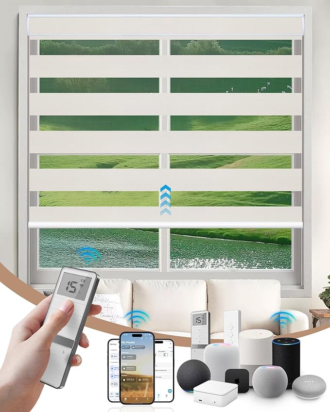 Kincmo Motorized Blinds with Remote, Motorized Zebra Shades Work with Apple Homekit,Alexa,Google Home, Customized Electric Blinds with Remote,App,Voice Control (100% Blackout Gentle Cream)