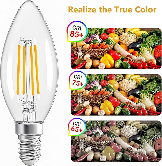 E12 LED Edison Bulb 40W Equivalent,Non-Dimmable 2700K Warm White，600 Lumens 4W C35 LED Filament Vintage Light Bulbs，Clear Glass,Suitable for Chandeliers and Ceiling Fans (6 Pack)