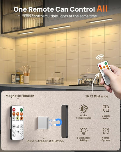 Under Cabinet Lighting Wireless, 16 inch LED Motion Sensor Light Indoor, Rechargeable Closet Lights with Remote, 3 Color Temps, Dimmable, Magnetic Under Counter Lights for Kitchen, Stairs, 4 Pack