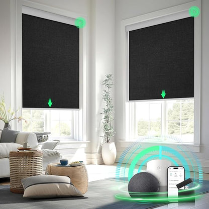 Motorized Blinds with Remote Control，Blackout Roller Shades，Custom Smart Blinds with Valance，Cordless Electric Window Blinds & Automatic Shades (Black,28" Wx72 H)