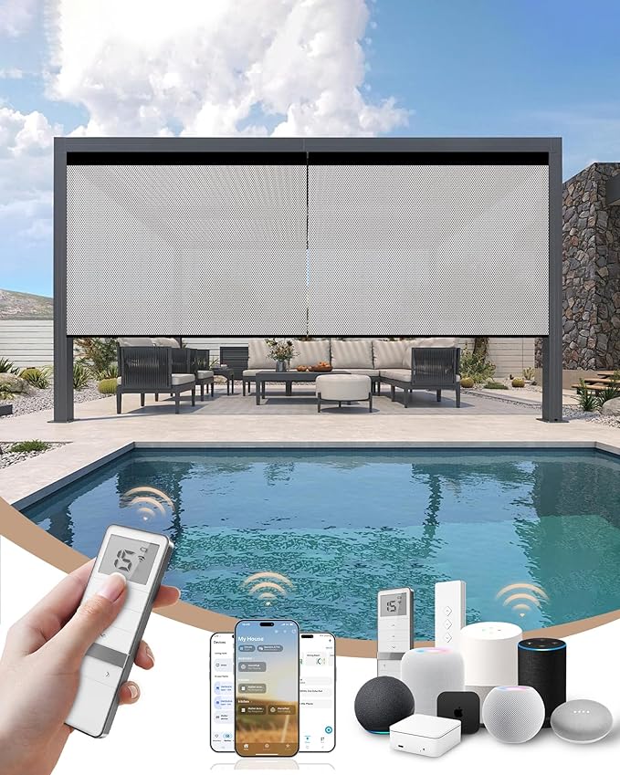 Kincmo Motorized Outdoor Shades for Patio Porch, Custom Outdoor Motorized Blinds with Remote, Waterproof & Windproof Patio Shades Work with Apple Homekit,Alexa,Google (1% Openness White Grey)