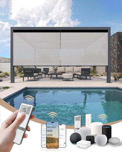 Kincmo Motorized Outdoor Shades for Patio Porch, Custom Outdoor Motorized Blinds with Remote, Waterproof & Windproof Patio Shades Work with Apple Homekit,Alexa,Google (1% Openness White Grey)