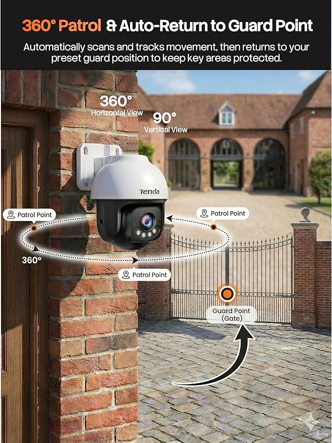 Tenda 5MP QHD Outdoor Pan/Tilt Wi-Fi Security Camera, 360° Full Coverage, Color Night Vision, AI Human/Vehicle/Motion Detection, 2-Way Talk, IP65, WiFi 6,24/7 Plug-in Guard for Your Yard (CH7 2.0)