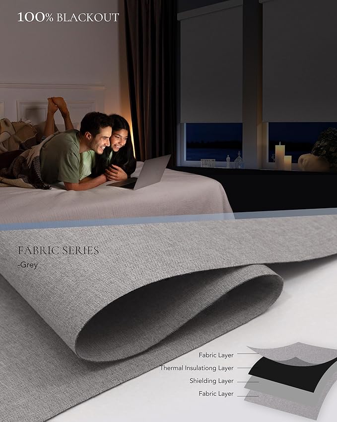 Motorized Blinds Compatible with Alexa Google Custom to 108" Width 100% Blackout Smart Blind Automatic Large Window Roller Shades Remote Control Fabric Grey