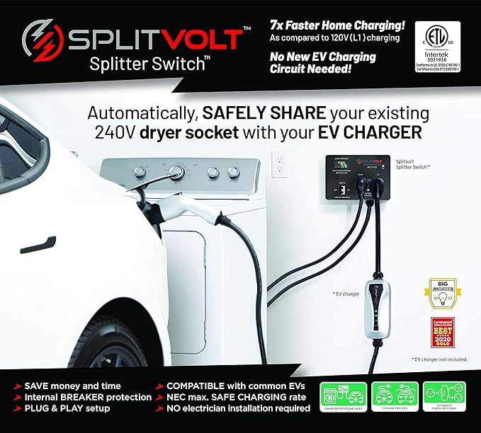 Splitvolt NEMA 10-30, 240V, 24 Amp Splitter Switch - Save Thousands on Home Electric Vehicle Charging EV Install, cETLus Certified, Auto Power Switching Between Dryer and EV or Two EVs, Plug and Play