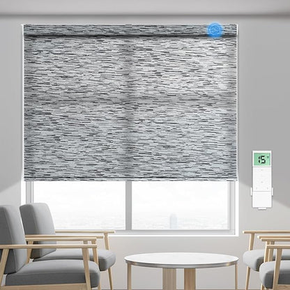 Tokblind Motorized Light Filtering Roller Shade Fabric Covered Valance and Bottom Rod, Remote Control Window Blind Compatible with Alexa via Hub, Custom Size (Texture Black Grey - Wrapped Fabric)