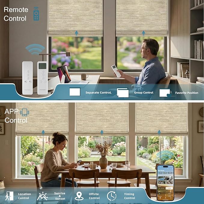 Motorized Roman Shades, Woven Woods Shades, Work with HomeKit/Alexa/Google Home, Cordless, Custom Size, Crocheting Kenaf