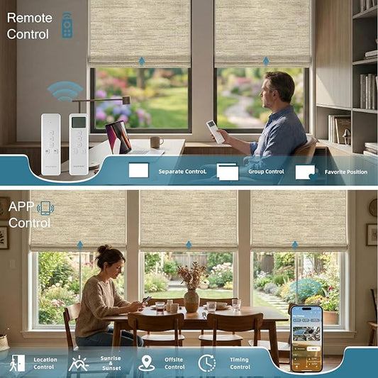 Motorized Roman Shades, Woven Woods Shades, Work with HomeKit/Alexa/Google Home, Cordless, Custom Size, Crocheting Kenaf