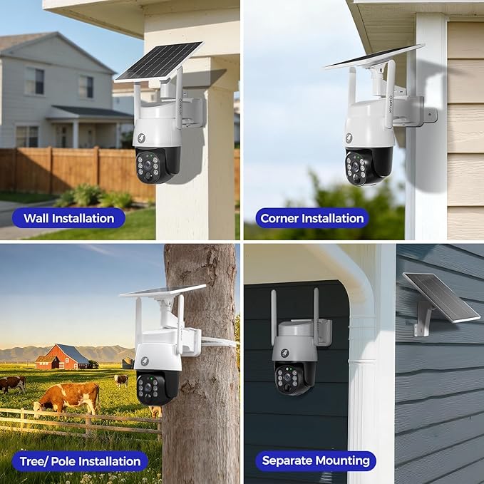 xmartO 4MP QHD Wireless PTZ Solar Security Camera, WiFi 6 5G Dual Band, Wire-Free Easy Installation, No Monthly Fee, Outdoor/Indoor Home Use, Wall/Ceiling/Tree/Pole/Corner Mount