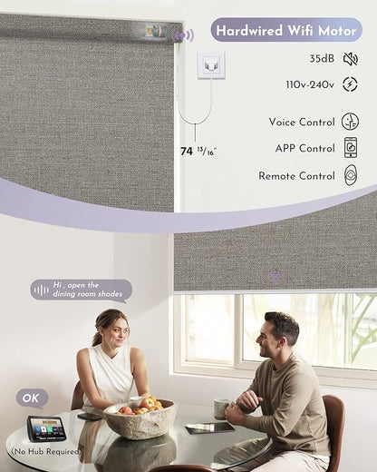 Graywind Motorized Shades 100% Blackout Compatible with Alexa Google WiFi Hardwired Smart Roller Shade Remote Control Automated Window Blinds with Valance, Customized Size (Grey Brown)