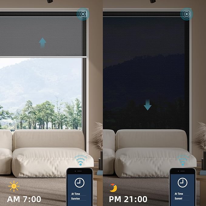 SmartWings Motorized Smart Roller Shades in Light Filtering, Electric Blinds with Remote for Windows Compatible with Alexa/Google Home/Homekit, Customized, 5% Openness Aventus Black