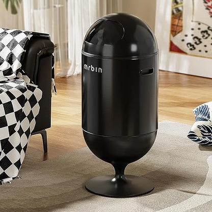 MRBIN Metal Trash Can with Lid, 5.3 Gallons / 20L Medium Decorative Waste Basket, Round Tall Garbage with High Leg for Bathroom, Office, Bedroom, Kitchen, Black
