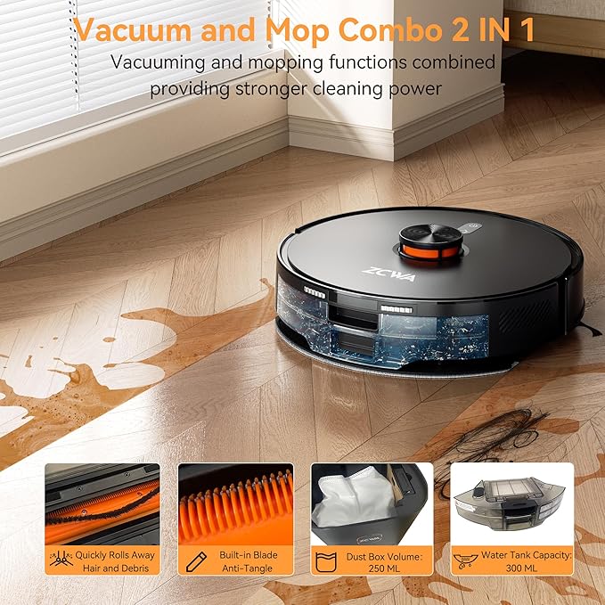 ZCWA Robot Vacuum and Mop Combo, 10000Pa Max Suction, Robotic Vacuum with LiDAR Navigation Smart Mapping, 90 Day Self-Emptying, 160 Min Runtime, 3.5L Dust Bin, Ideal for Hard Floor