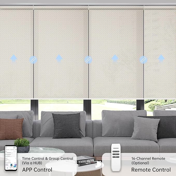 Motorized Coupled Shades, Falme Resistant Smart Solar Shades for Large Windows Automatic Blinds Compatible with Alexa, Electric Roller Blinds Customized for Home Office(3% Openness Beige)