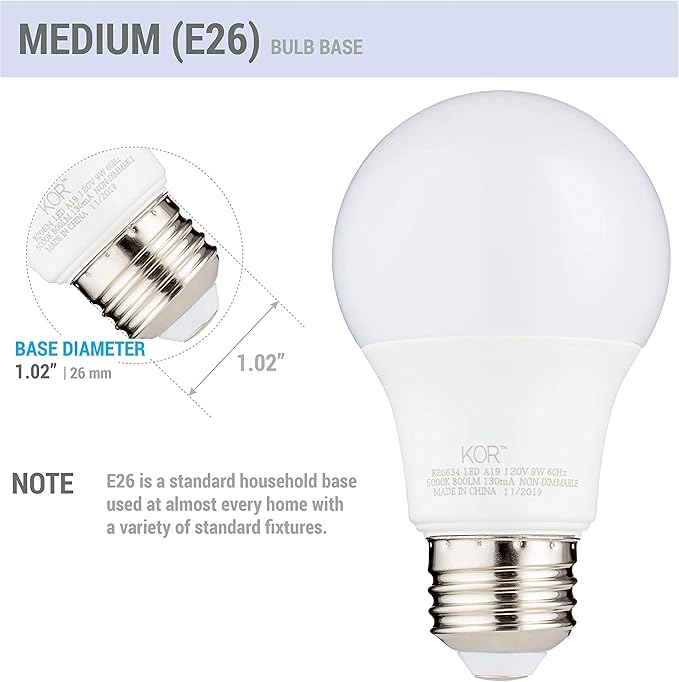 KOR 6 Pack A19 LED Light Bulb, 60W Equivalent, 5000K Bright White, 800 Lumens, Efficient 9 Watt Replacement Bulbs with E26 Standard Base, 15000 Long Life Hours, Non-Dimmable, 80+ CRI, UL Listed