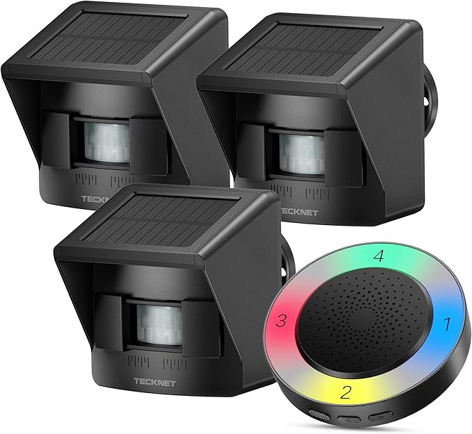 TECKNET Solar Wireless Driveway Alarm with 2600FT Long Range & 36 Melodies & 5 Volumes and Supports 4 Zones Weatherproof Motion Sensor Alarm to Protect Inside/Outside Property (1 Receiver 3 Sensor)