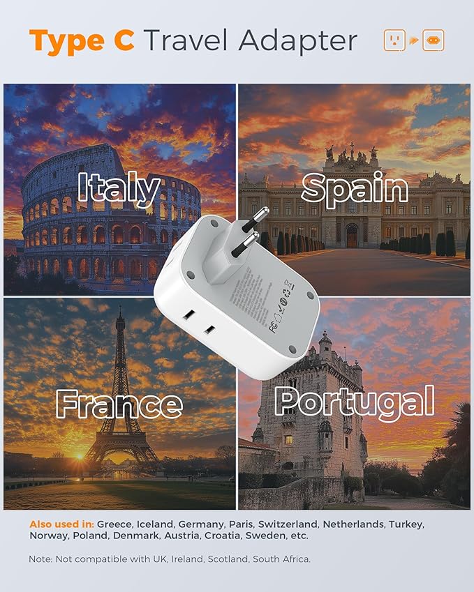 TESSAN European Travel Plug Adapter 2 Pack, Type C Plug