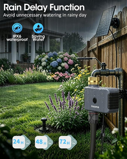 Insoma Solar WiFi Water Timer for Garden, 365-Day Power, Brass Inlet | Solar Panel+Type-C Dual Power, APP&Voice Control, Alexa/Google Compatible, Rain Delay+Manual Mode, WiFi Direct, 2.4GHz, IPX6