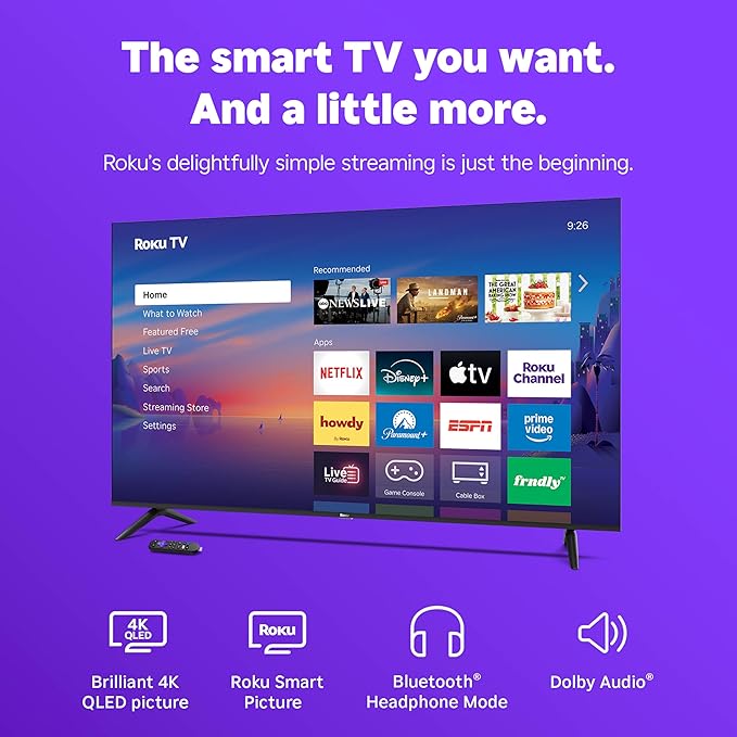 Roku Smart TV 2026 – 65-Inch Select Series, 4K QLED TV – Roku TV with Voice Remote – Flat Screen QLED Television with Wi-Fi for Streaming Live Local News, Sports, & Movies – Bluetooth Headphone Mode