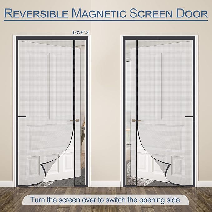 Upgraded Magnetic Screen Door Thicker 255g/㎡ Reinforced Mesh,Reversible Left Right Side Opening,Fit Door Size 36 x 80 Inch,Retractable Door Screen Magnetic Closure,Door Curtain for Single Front Door