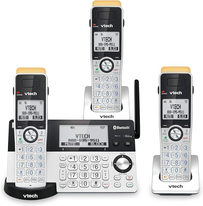 VTech IS8151-3 Super Long Range 3 Handset DECT 6.0 Cordless Phone for Home with Answering Machine, 2300 ft Range, Call Blocking, Bluetooth, Headset Jack, Power Backup, Intercom, Expandable to 12 HS