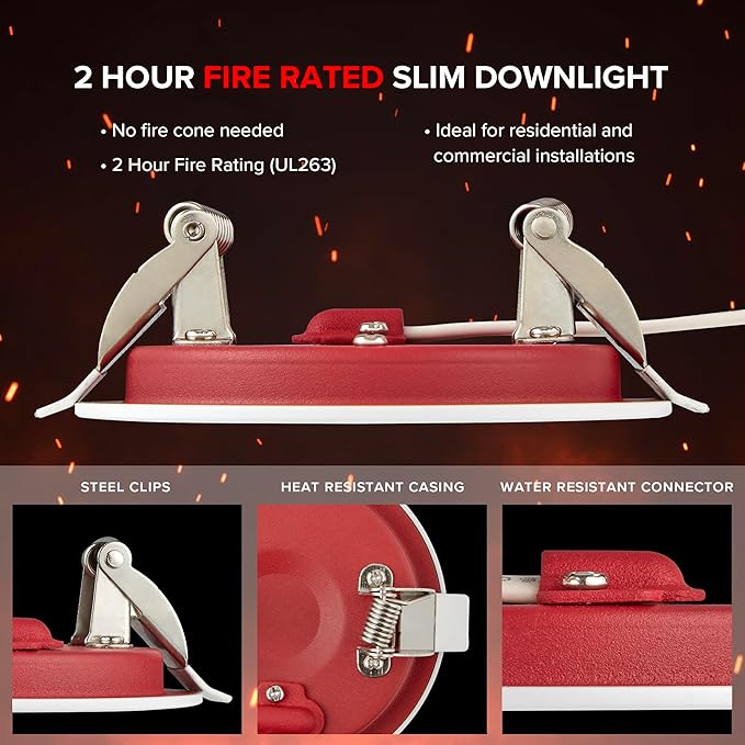 Maxxima 3 in. 2 Hour Fire Rated Ultra Thin LED Downlight, Slim Recessed Canless Light, IC Rated, 600 Lumens, 5 Color Temperature Selectable 2700K/3000K/3500K/4000K/5000K, Dimmable, J-Box Included