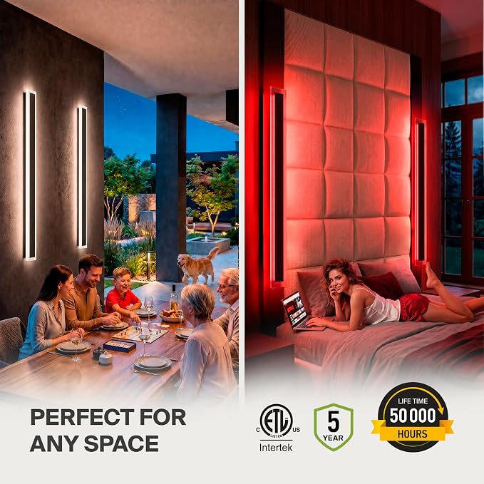 ASD LED 72" Long Wall Mount Light Fixture, Outdoor & Indoor Linear Sconce | RGBW, Smart, Waterproof, Anti-Rust, ETL Listed | 40W 2300LM 2700-6500K 100-277V | Exterior Porch Lighting | Black