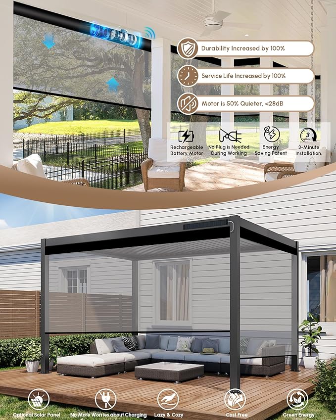 Kincmo Motorized Outdoor Shades for Patio Porch, Custom Outdoor Motorized Blinds with Remote, Waterproof & Windproof Patio Shades Work with Apple Homekit,Alexa,Google (5% Openness White Grey)
