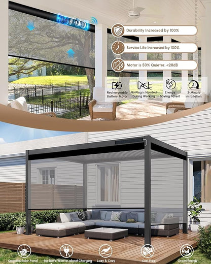 Kincmo Motorized Outdoor Shades for Patio Porch, Custom Outdoor Motorized Blinds with Remote, Waterproof & Windproof Patio Shades Work with Apple Homekit,Alexa,Google (5% Openness White Grey)