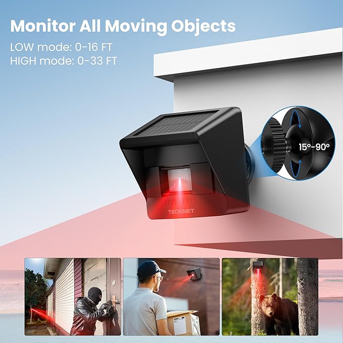 TECKNET Solar Wireless Driveway Alarm with 2600FT Long Range & 36 Melodies & 5 Volumes and Supports 4 Zones Weatherproof Motion Sensor Alarm to Protect Inside /Outside Property (1 Receiver 2 Sensor)
