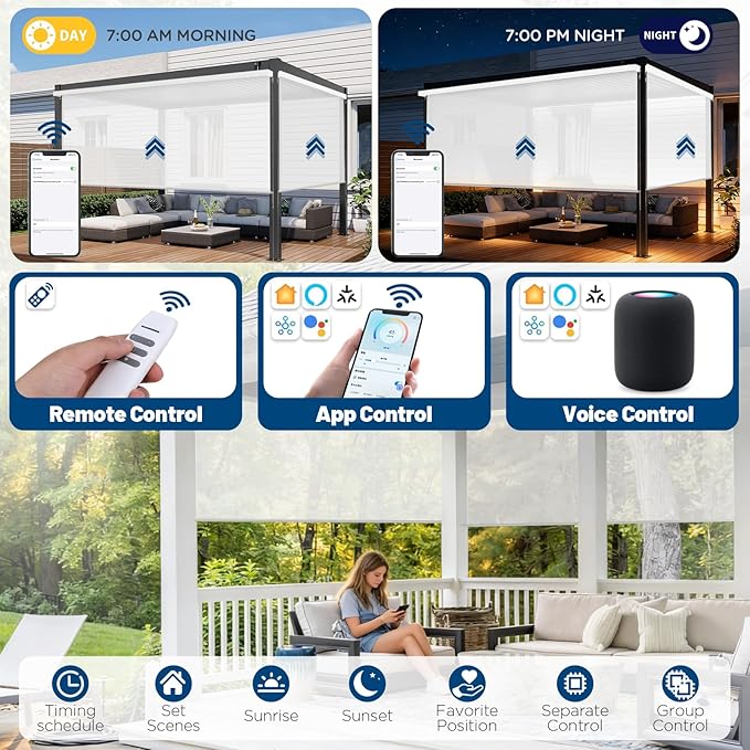 Motorized Outdoor Shades, Custom Patio Roller Blinds with Remote, Smart Exterior Sun Shades Compatible with Alexa, HomeKit, Google Home (3% Openness White)