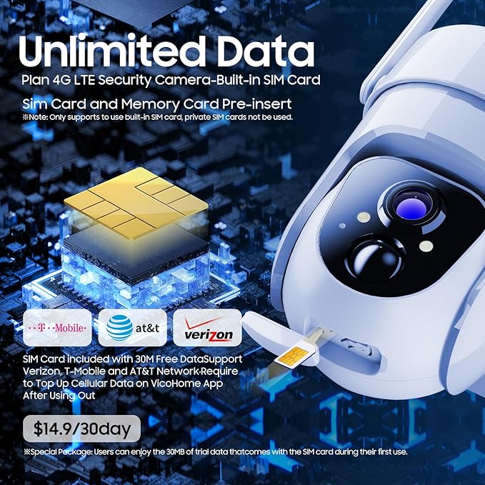 Camii 4G LTE Cellular Security Smart Camera No WiFi 360°View 2K HD Cameras Outdoor Solar Battery Powered 2K Cam for Home Security Color Night Vision Motion Detection SIM Card/SD Card Storage