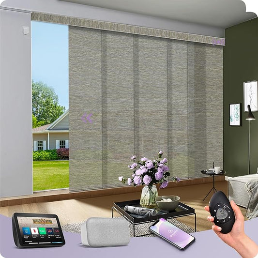 Graywind Motorized Natural Sliding Panels Compatible with Alexa Google Light Filtering Smart Panel Track Blinds for Patio Sliding Door, Custom Size (Terrazzo)