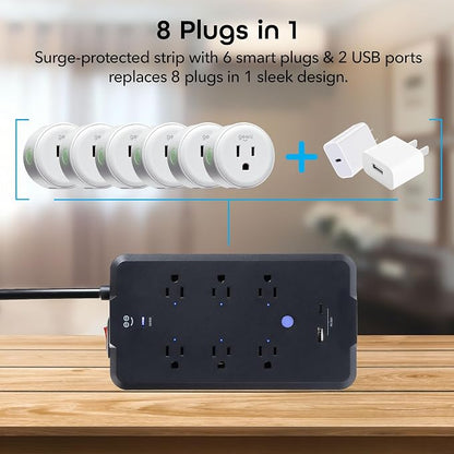 Geeni Smart Plug Power Strip, 6 Outlets & 2 USB Ports, Surge, 6 ft., Black | 6 smart outlets, 2 always-on outlets, Wi-Fi & voice control, 1200 joules protection