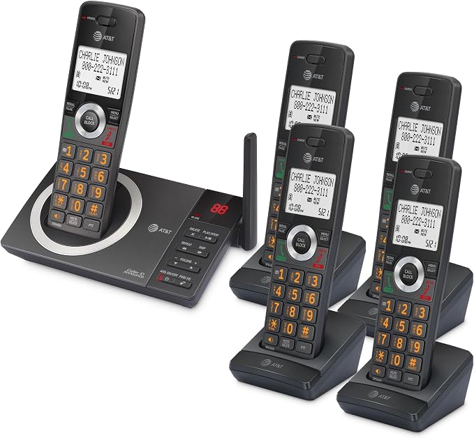 AT&T 5-Handset Expandable DECT 6.0 Cordless Home Phone with Large Display, Big Buttons, Answering Machine, Smart Call Blocker, Long Range, Caller ID, Speakerphone, Intercom: CL82518 (Charcoal Black)