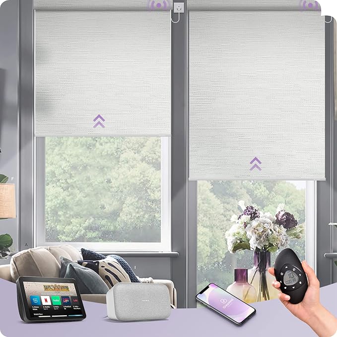 Graywind Motorized Shades 100% Blackout Work with Alexa Google WiFi Hardwired Smart Roller Shade Remote Control Automated Blinds, Customized Size (Jacquard White)
