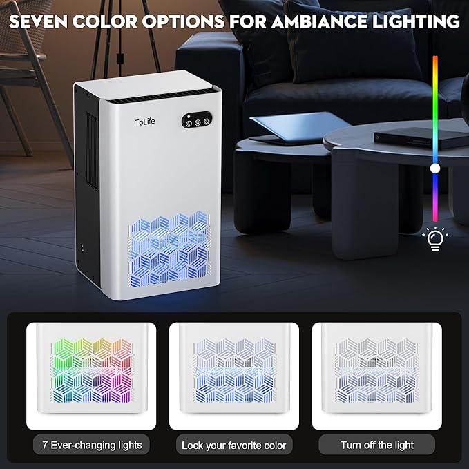 ToLife Dehumidifier for Home, 1000 sq.ft Dehumidifiers for Basement Bathroom Bedroom with 95 OZ Water Tank, Auto Shut Off 7 Colors LED Light, White Black