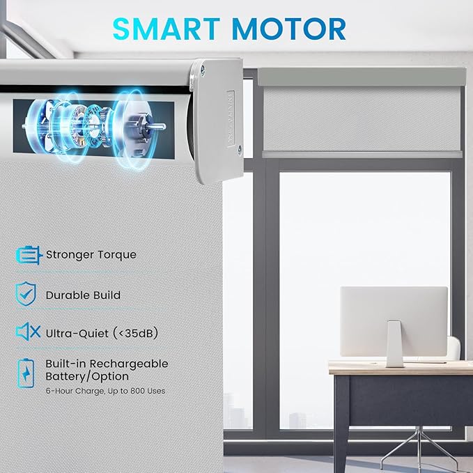 Motorized 100% Blackout Roller Shades – Custom Smart Blinds with Remote Control, Rechargeable Battery or Plug-in Motor, Tuya WiFi Optional, Home & Office Automatic Window Shades (Gray/CH9393)