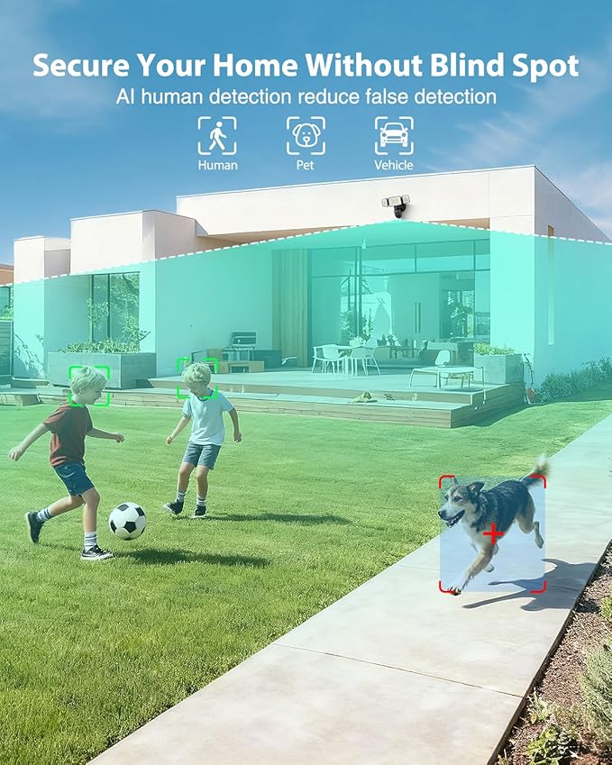 Floodlight Camera Hardwired 6500LM, 2K HD Security Camera Outdoor with Motion-Activated, 2.4G WiFi, Color Night Vision, 24/7 Recording, 2-Way Audio, Built-in Siren, Works with Alexa & Google