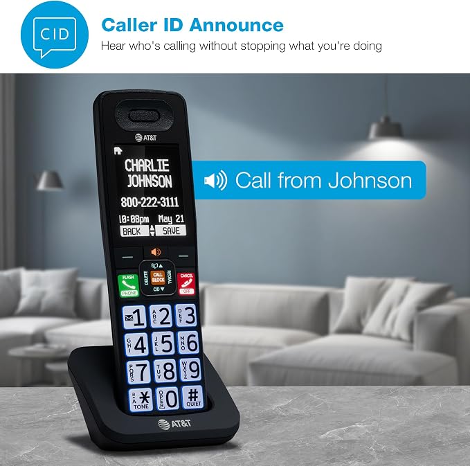 AT&T DECT 6.0 Additional Handset for BL108 Series, No Phone Jack Needed, Smart Call Blocker, Bluetooth Connect to Cell, Caller ID Announce | BL108-0