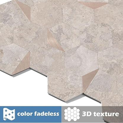10-Sheet Hexagonal Peel and Stick Backsplash, Seamless Design Beige Stone Kitchen Backsplash Wall Tiles, Stone Surface Waterproof Stick on Tile for Bathroom, RV, Fireplace